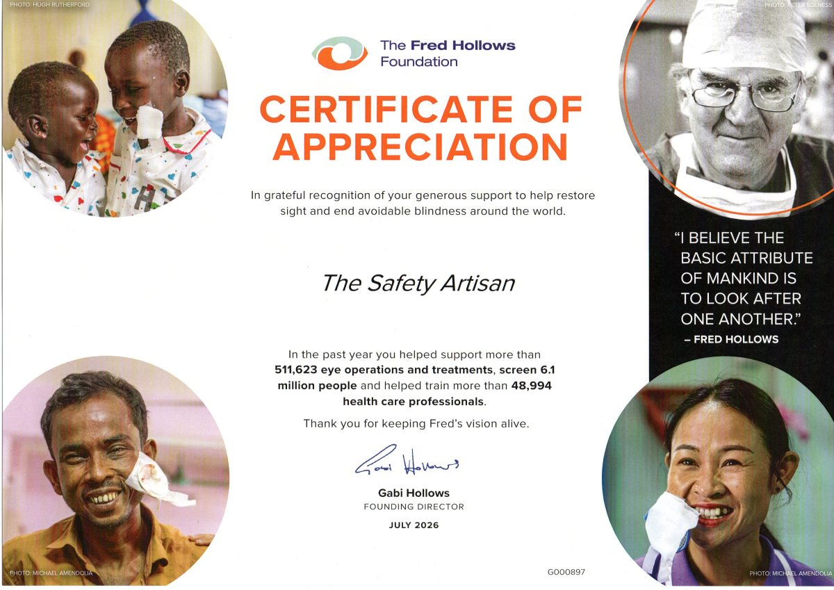 A Certificate of Appreciation the Fred Hollows Foundation